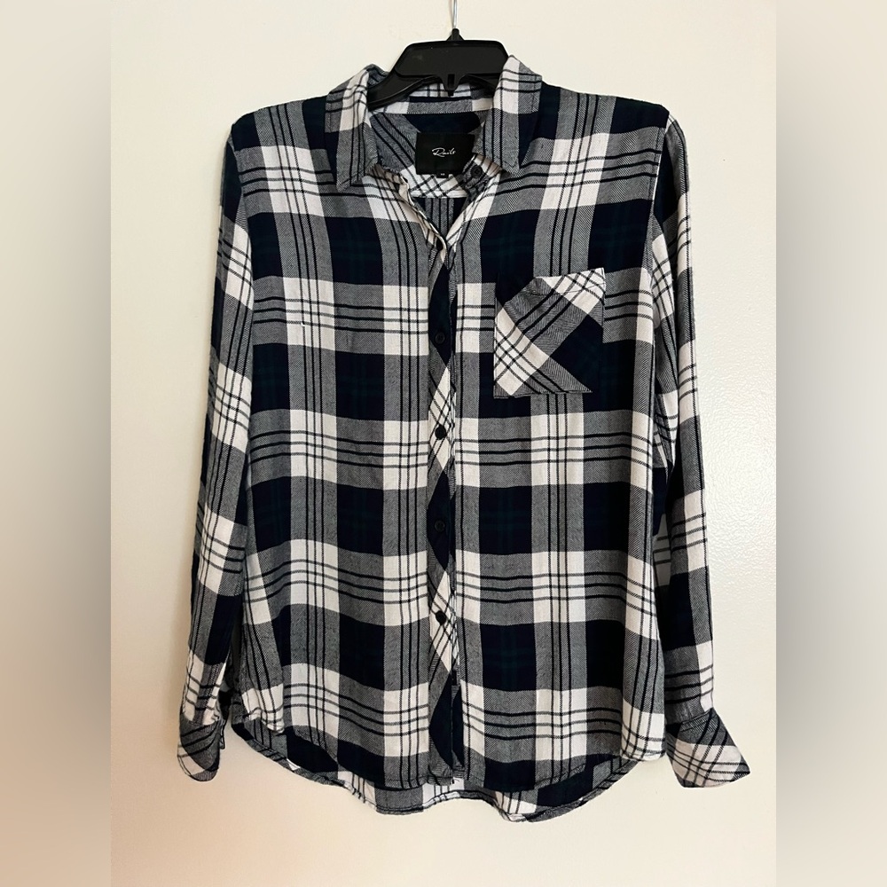 Gorgeous Rails navy blue, hunter green, and white plaid shirt.